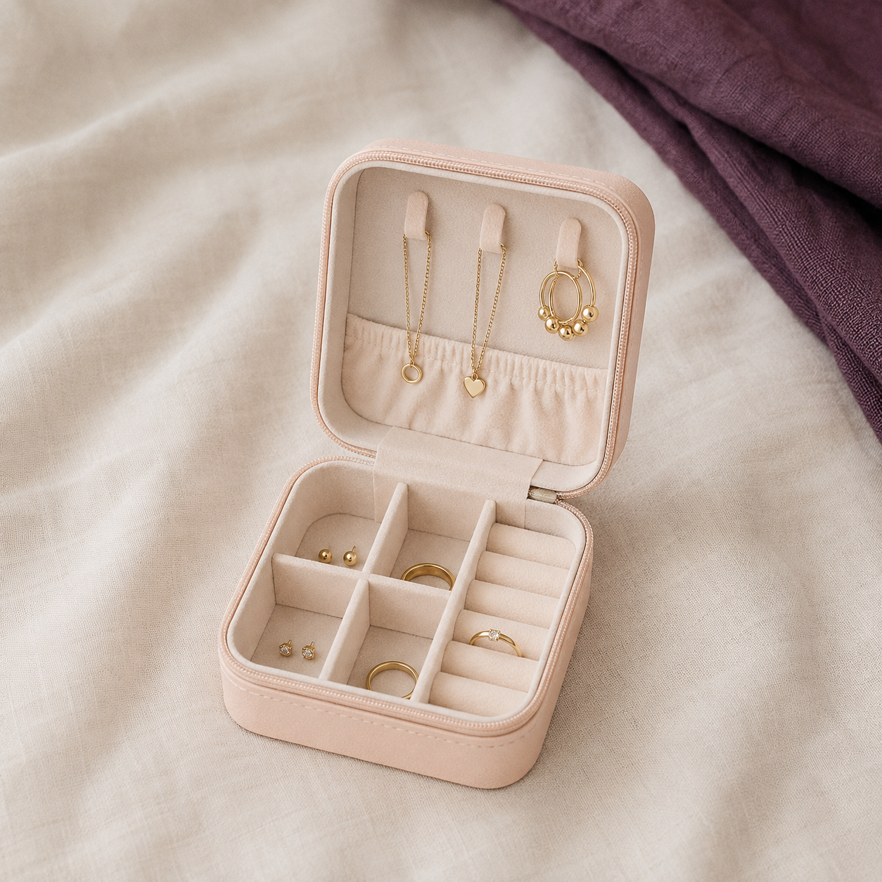 Styled blush travel jewellery case with a lined lid, necklace tabs, divided compartments and ring slots