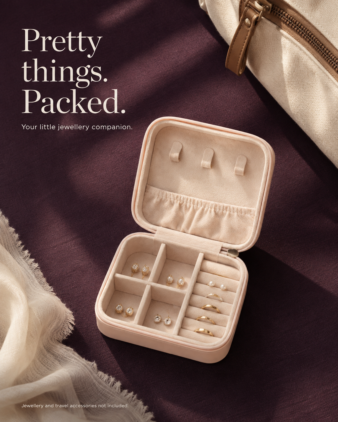 AI-styled travel scene showing a blush jewellery case beside a travel bag